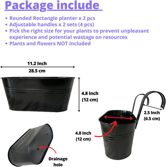 LaLaGreen Railing Planter Outdoor Plants (11.2 Inch, 2 Pack) Black Metal Iron Hanging Flower Pots Deck Rail Fence Hanging Bucket Modern Countryside Style Window Box Plant Holder with Hooks Porch Decor