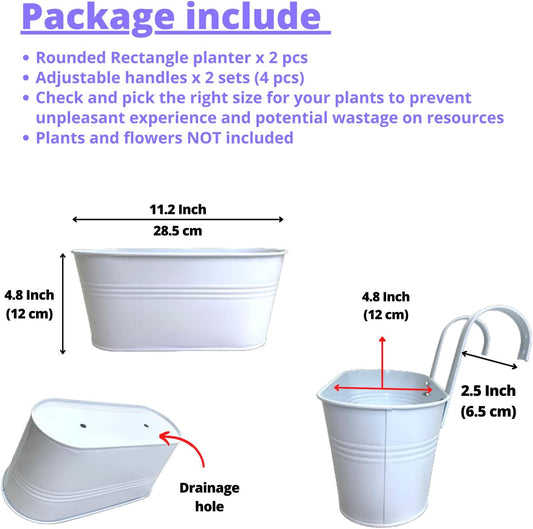 LaLaGreen Rail Planters for Outdoor (2 Pack, 11.2 Inch) White Metal Iron Hanging Flower Pots, Strawberry Planter Deck Railing Fence Bucket Wall Mount Window Box Plant Holder with Hooks Porch Decor