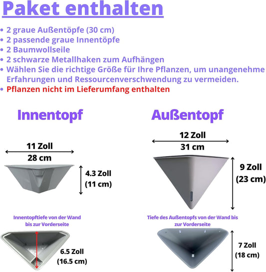 LaLaGreen Succulent Wall Planters - 2 Pack, 12 Inch Large Self Watering Wall Hanging Planters for Indoor Plants Gray Wall Mount Triangle Geometric Flower Vase Pot Black Metal Hanger Living Wall Decor