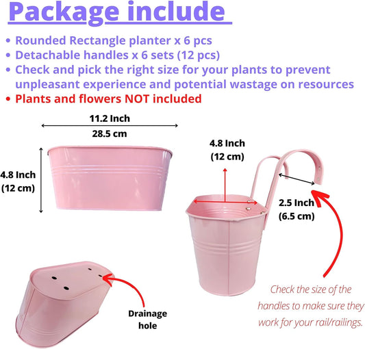 LaLaGreen Outdoor Hanging Planter (11.2 Inch, 6 Pack) Light Pink, Light Purple, Turquoise, Neon Pink, Yellow, Orange Metal Iron Window Box Flower Pot Deck Railings Fence Buckets Porch Garden Decor