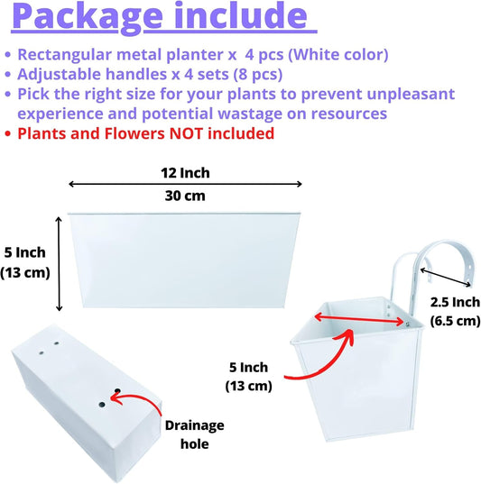 LalaGreen Window Boxes Planters (4 Pack, 12 Inch) White Metal Rectangle Outdoor Wall Hanging Flower Pots with Detachable Handle, Strawberry Railing Balcony Fence for Artificial Plant Rustic Boho Decor