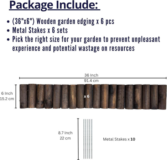 LaLaGreen Garden Edging Border (36"x6", 6 Pack) Small Wood Fence Panel for Yard Lawn Landscape Patio Pathway Trees Decor, Expandable Brown Wooden Stakes Decorative Flower Bed Fencing Outdoor No Dig