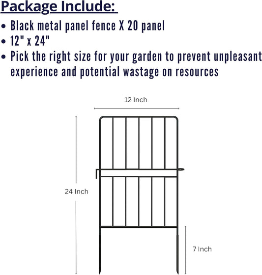 ShopLaLa Garden Fence Animal Barrier (20 Panels) 12in(L) x 24in(H) Rustproof Decorative Metal Wire Fencing Flower Edging for Landscape Patio Yard Outdoor Border No Dig, Black Fences for Dogs D-A24