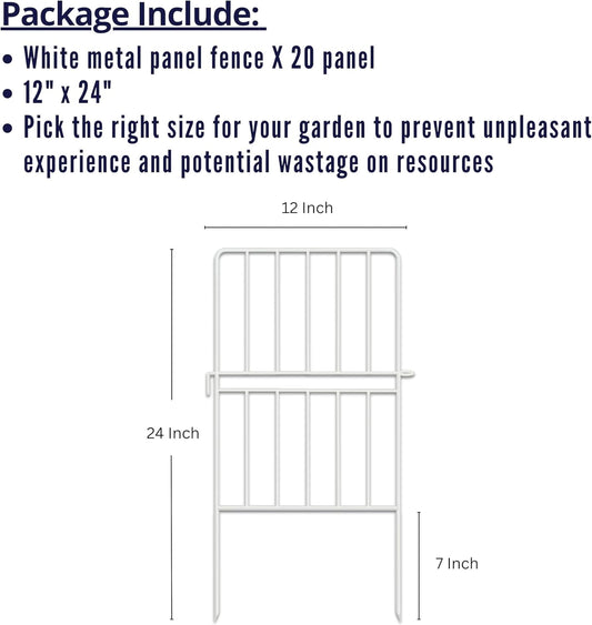 ShopLaLa Garden Fence Animal Barrier (20 Panels) 12in(L) x 24in(H) Rustproof Decorative Metal Wire Fencing Flower Edging for Landscape Patio Yard Outdoor Border No Dig, White Fences for Dogs D-A24