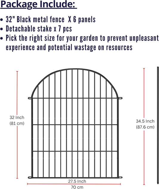 ShopLaLa Decorative Garden Fence (6 Panels) 28in(L) x 32in(H) Rustproof Black Metal No Dig Fences Small Dog Animal Barrier, Flower Edging for Landscape Large Tall Fencing Outdoor Garden Decor D-YA32
