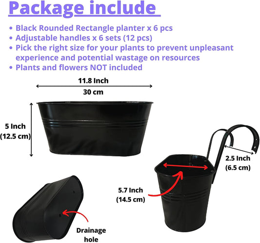 LaLaGreen Outdoor Rail Planter (11.8 Inch, 6 Pack) Black Metal Iron Hanging Flower Pots Deck Railings Fence Buckets Outside Countryside Boho Style Wall Mount Window Box Plant Holder Hook Porch Decor