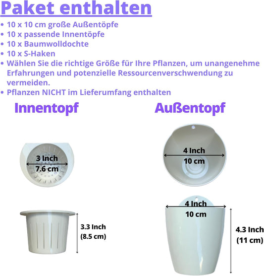 LaLaGreen Wall Planters for Indoor Plants - 10 Pack, 4 Inch Self Watering Plastic Planters and Pots, White Plant Holder, Modern Hydroponic Wall Pot Vertical System for Living Plant, Garden