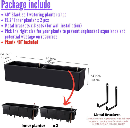 LaLaGreen Planter Boxes Outdoor (40 Inch, 1 Pack) Large Rectangular Self Watering System, Black Window Flower Boxes with Bracket Vertical Plant Container Wall Mount Indoor Succulent Herb Garden Home