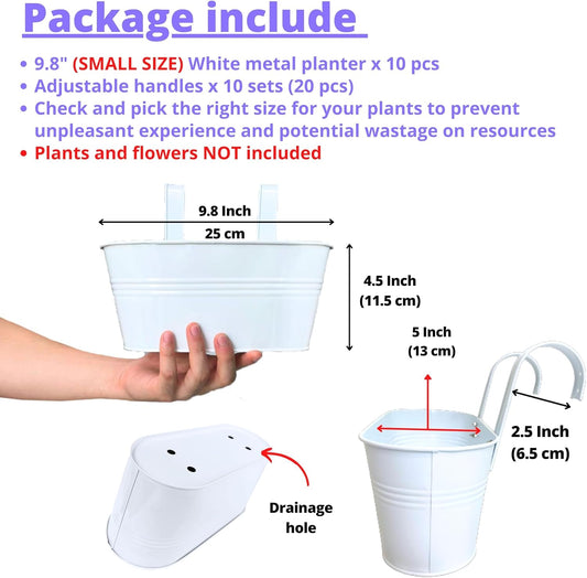 LaLaGreen Outdoor Rail Planter (10 Pack, 9.8 Inch) Small and Cute White Metal Iron Hanging Flower Pot Deck Railings Fence Buckets Countryside Style Wall Mount Window Box Plant Holder Hooks Porch Decor