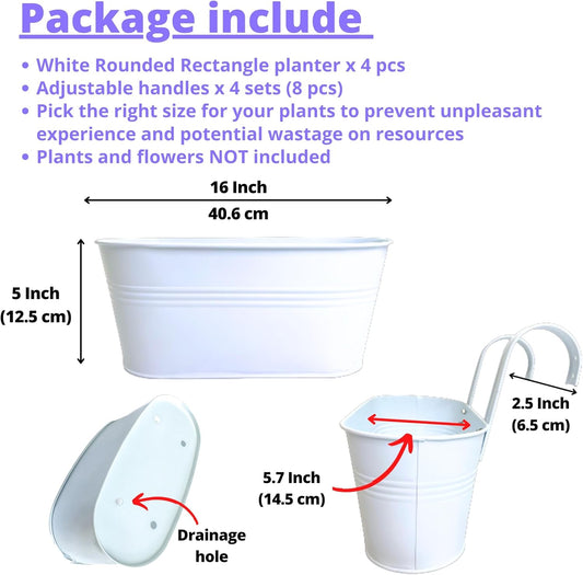 LaLaGreen Outdoor Plants Rail Planter (4 Pack, 16 Inch) White Metal Iron Hanging Flower Pots Deck Railings Fence Buckets Modern Boho Style Wall Mount Window Boxes Plant Holder Hooks Porch Home Decor