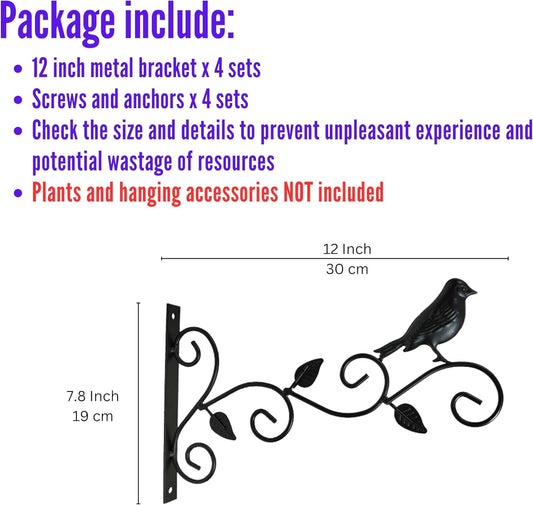 LaLaGreen Outdoor Hanging Brackets (12 Inch, 4 pack) Black Metal Wall Mounted Bracket for Bird Feeder Hanging Flower Baskets, Decorative Hanger Lanterns, Wind Chimes Modern Garden Home Decors Design A