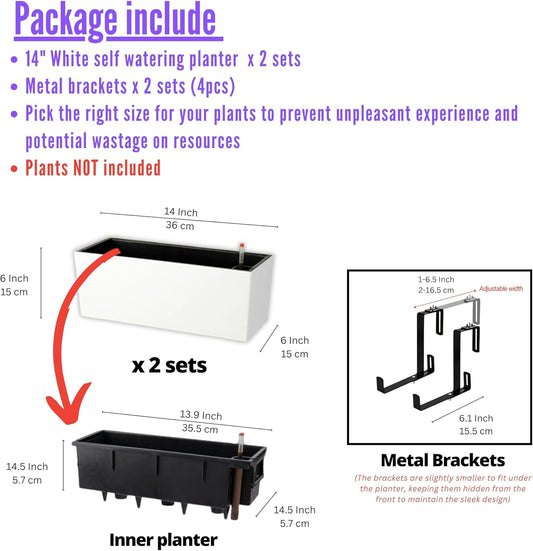 LaLaGreen Railing Planter Box (2 Pack, 14 Inch) White Rectangular Window Flower Boxes with Bracket, Self Watering System Hanging Planters for Outdoor Plant Pot Container Deck Rail Fence Balcony Herb