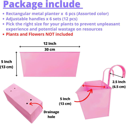 LalaGreen Rail Planter for Outdoor Plants (6 Pack, 12 Inch) Colorful Metal Rectangle Railing Hanging Planters Flower Pots, Deck Fence Bucket Window Box Plant Holder with Hooks Outdoor Porch Decors