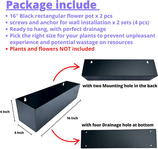 LaLaGreen Wall Planter (16 Inch, 2 Pack) Rectangular Metal Hanging Flower Pot for Succulents Carbon Steel Black, Long Window Sill Box Modern Fence Floating Garden Shelf for Deck Indoor Outdoor Decor
