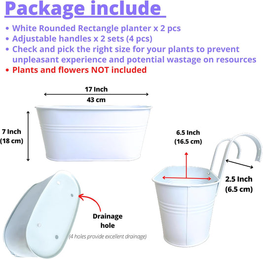 LaLaGreen Planter Boxes for Outdoor (2 Pack, 17 Inch) White Metal Deck Railing Hanging Flower Pots, Large Window Box Plant Holder Hooks Fence Rail Bucket Outside Boho Style Wall Mount Porch Herb Decor