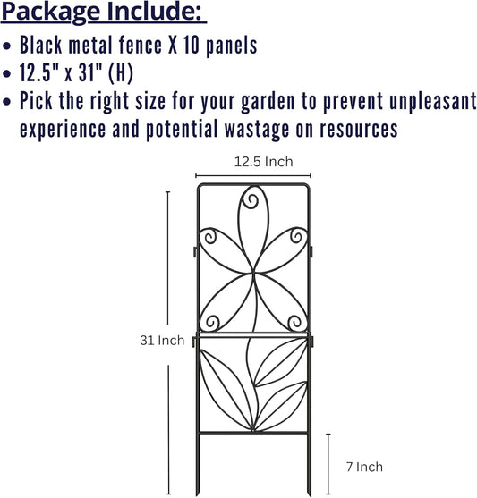 ShopLaLa Decorative Garden Fence (10 Panels) 12.5in(L) x 31in(H) Animal Barrier Fencing Rustproof Black Metal Wire Flower Edging for Landscape, Small Dog Fences Large No Dig Outdoor Yard Border D-F30C