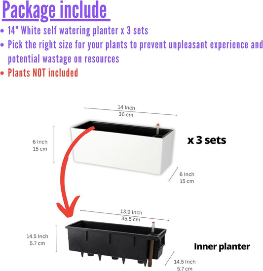 LaLaGreen Planter Box for Indoor Plants (3 Pack, 14 Inch) White Rectangular Self Watering Flower Pot, Large Window Boxes Planters with Drainage Decorative Modern Balcony Windowsill Herbs Home Garden