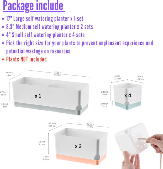 LaLaGreen Planters for Indoor Plants (7 Pack) Assorted Color Window Boxes, Rectangular Self-Watering System Long Windowsill Plant Pots with Drainage Herb Garden Flower Box Modern Stylish Outdoor