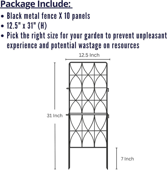 ShopLaLa Decorative Garden Fence (10 Panels) 12.5in(L) x 31in(H) Animal Barrier Fencing Rustproof Black Metal Wire Flower Edging for Landscape, Dog Gates Fences Tall Large No Dig Outdoor Border D-F30D