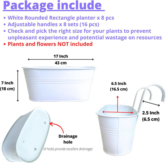LaLaGreen Planter Boxes for Outdoor (8 Pack, 17 Inch) White Metal Deck Railing Hanging Flower Pots, Large Window Box Plant Holder Hooks Fence Rail Bucket Modern Countryside Boho Style Wall Mount Porch