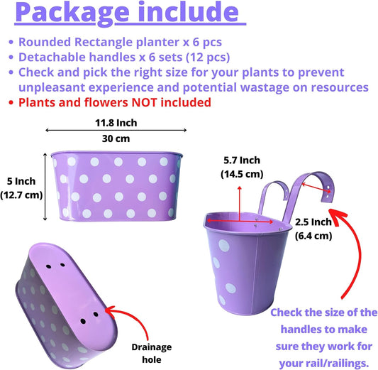 LaLaGreen Rail Planter for Deck Railing (11.8 Inch, 6 Pack) Colorful Metal Iron Outdoor Hanging Flower Pots, Polka Dot and Strawberry Bucket Fence Balcony Cute Boho Stylish Porch Patio Garden Decor