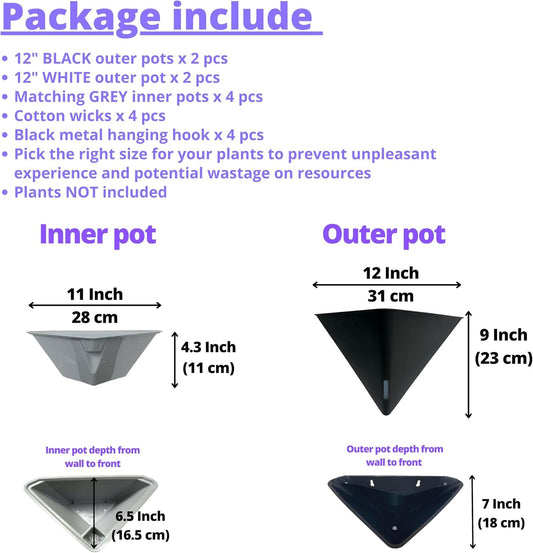 LaLaGreen Wall Planters for Indoor Plants - 4 Pack, 12 Inch Large Self Watering Black and White Mixed Color Geometric Indoor Vertical Garden Wall Hanging Flower Vase Vessel with Metal Hanger Stylish