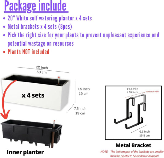LaLaGreen Railing Planter Box (20 Inch, 4 Pack) White Rectangular Window Flower Boxes with Bracket, Self Watering System Hanging Planter Box for Outdoor Plant Pots Container Deck Rail Fence Balcony