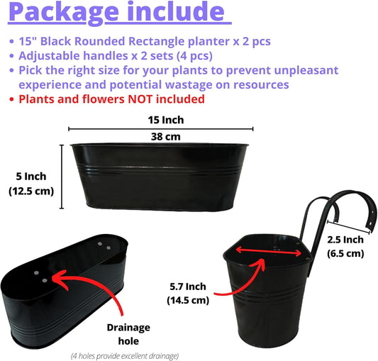 LaLaGreen Outdoor Plants Rail Planter (15 Inch, 2 Pack) Black Metal Iron Hanging Flower Pots Deck Railings Fence Balcony Buckets Modern Boho Style Window Box Plant Holder Hooks Porch Home Garden Decor