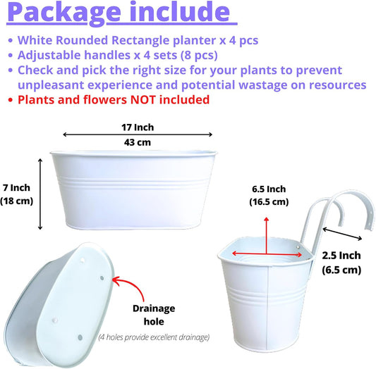LaLaGreen Planter Boxes for Outdoor (4 Pack, 17 Inch) White Metal Deck Railing Hanging Flower Pots, Large Window Box Plant Holder Hooks Fence Rail Buckets Herb Boho Style Wall Mount Porch Garden Decor