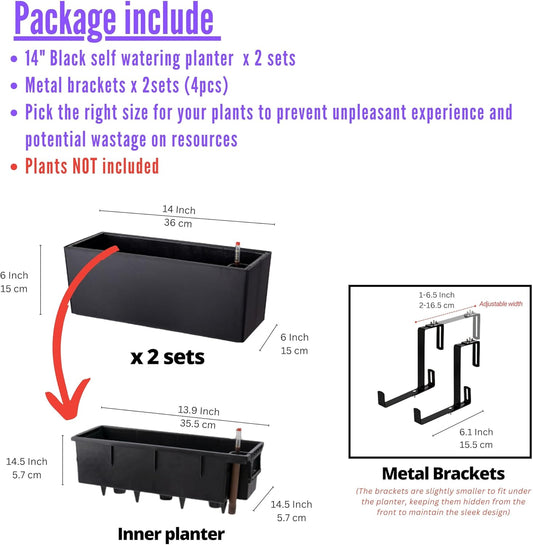LaLaGreen Deck Railing Planters (2 Pack, 14 Inch) Black Rectangular Window Flower Box with Bracket, Self Watering System Hanging Planter Boxes for Outdoor Plant Pots Container Rail Fence Balcony Herb