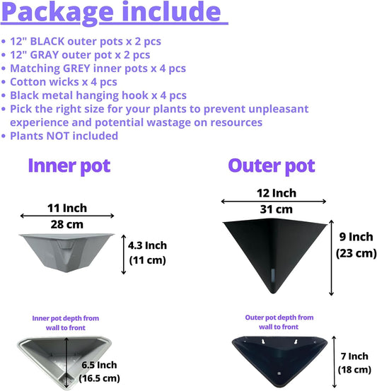 LaLaGreen Wall Planters - 4 Pack, 12 Inch Large Self Watering Black and Gray Mixed Color Geometric Indoor Vertical Garden Plant Wall Hanging Flower Vase Vessel with Black Metal Hanger Modern Stylish