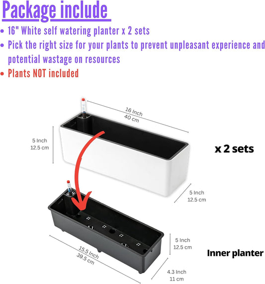 LaLaGreen Planter Box for Indoor Plants (2 Pack, 16 Inch) White Rectangular Self Watering Flower Pot, Large Window Boxes Planters with Drainage Decorative Modern Balcony Windowsill Herbs Home Garden