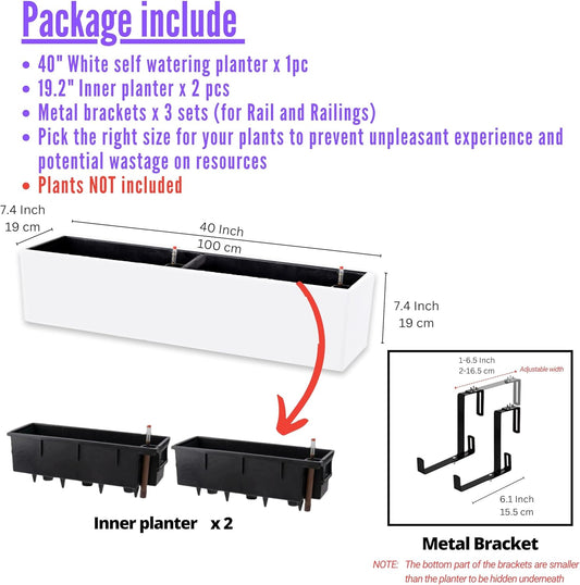 LaLaGreen Hanging Planter Boxes (1 Pack, 40") Large White Rectangular Window Flower Box with Bracket, Self Watering System Railing Planters for Outdoor Plant Container Deck Rail Fence Balcony Garden