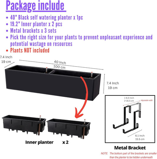 LaLaGreen Rail Planter for Balcony Outdoor (40 Inch, 1 Pack) Large Self Watering System Railing Planters with Brackets, Black Rectangular Window Hanging Flower Boxes Herb Plant Plastic Container Decor