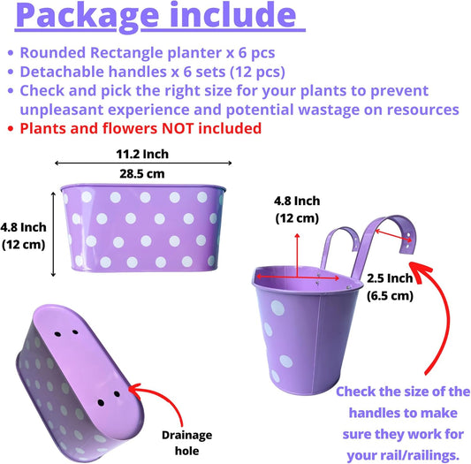 LaLaGreen Rail Planter for Deck Railing (11.2 Inch, 6 Pack) Colorful Metal Iron Hanging Flower Pots, Polka Dot and Strawberry Fence Garden Cute Balcony Box Plant Holder with Hooks Bucket Hang Porch