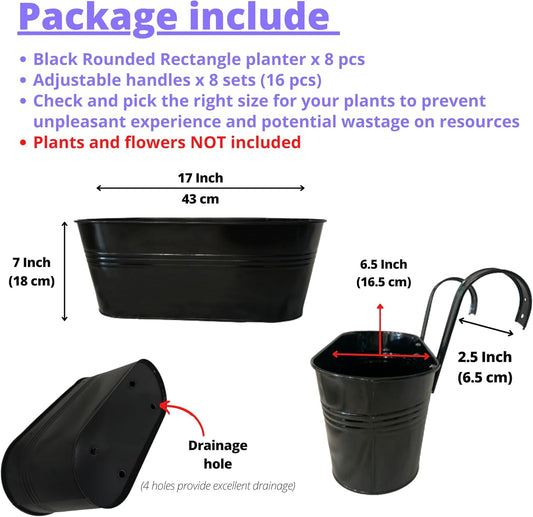 LaLaGreen Deck Railing Planter Box (17 Inch, 8 Pack) Large Black Metal Window Flower Boxes Outdoor, Hanging Planters Plant Holder Fence Rail Bucket Boho Style Wall Mount Outside Patio Porch Herb Decor
