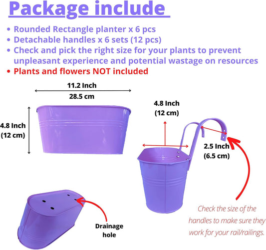 LaLaGreen Outdoor Hanging Planter (11.2 Inch, 6 Pack) Light Blue, Green, Neon Pink, Dark Blue, Orange, Peachy Pink Metal Iron Window Box Flower Pot Deck Railings Fence Rails Buckets Porch Garden Decor