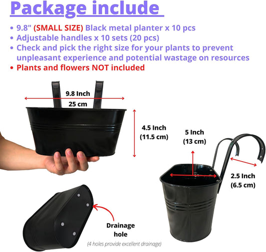 LaLaGreen Outdoor Planter (10 Pack, 9.8 Inch) Small and Cute Black Metal Iron Hanging Flower Pot Deck Railing Rail Fence Balcony Bucket Countryside Style Herb Window Box Plant Holder Hooks Porch Decor
