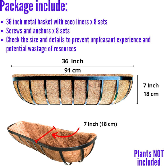 LaLaGreen Deck Railing Planter Boxes - 8 Pack, 36 Inch Long Window Flower Box Attach to House, Wall Planters for Outdoor Plants with Coco Liners English Horse Trough Fence Balcony Garden Porch Rail