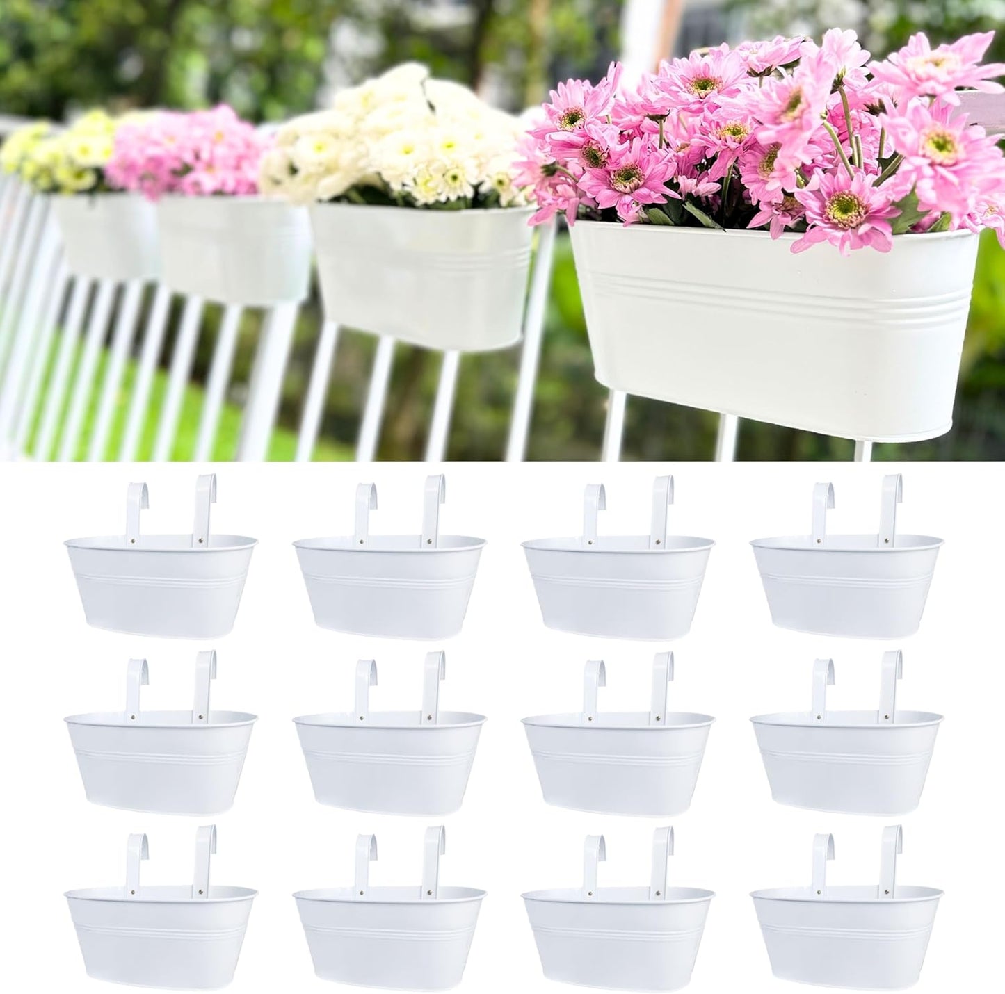 LaLaGreen Rail Planter Outdoor Plant (3 Pack, 11.8 Inch) White Metal Iron Hanging Flower Pot Deck Railings Fence Buckets Modern Countryside Boho Style Wall Mount Window Box Holder Hooks Porch Decor