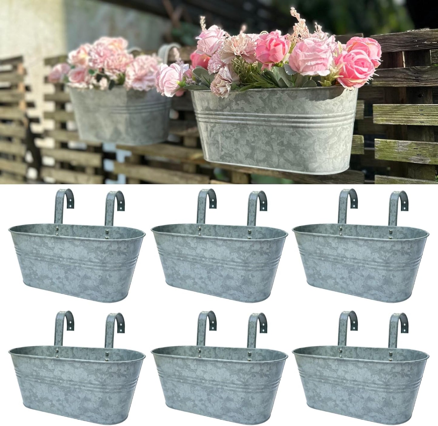 LaLaGreen Outdoor Rail Planter (11.2 Inch, 2 Pack) Silver Metal Iron Hanging Flower Pots Deck Railings Fence Buckets Modern Countryside Boho Style Wall Mount Window Box Plant Holder Hooks Porch Decor