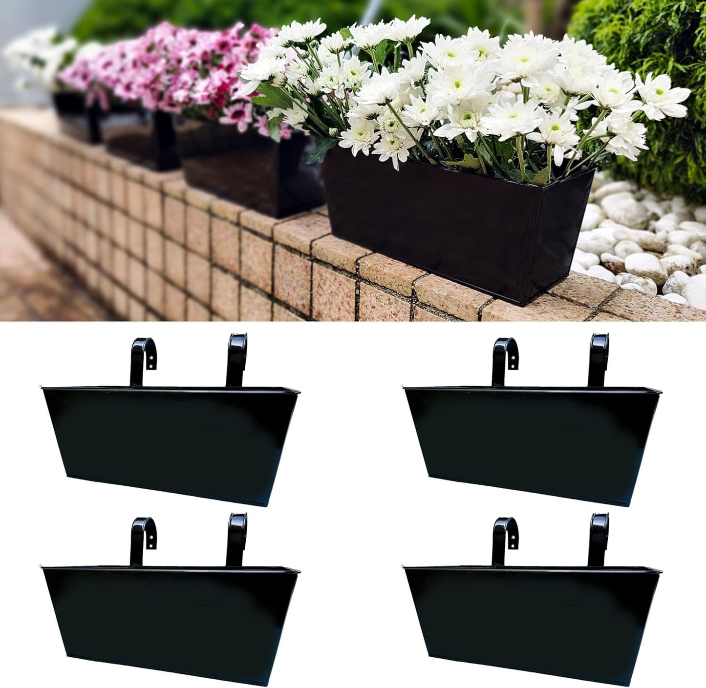 LaLaGreen Railing Planter Box (6 Pack, 12 Inch) Outdoor Black Metal Rectangle Strawberry Hanging Bucket Balcony Garden Fence Deck Flower Pots Boho Countryside Style Patio Living Wall Window Sill Decor