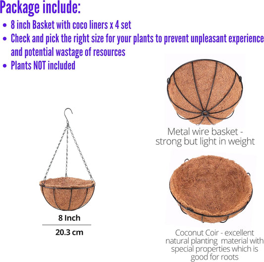 LaLaGreen Hanging Baskets for Plants Outdoor (4 Pack, 8 Inch) Hanging Planters Outdoor with Coco Liner, Small Round Flower Pots with Hanger Metal Wire Holder Deck Patio Porch Garden Balcony Decor