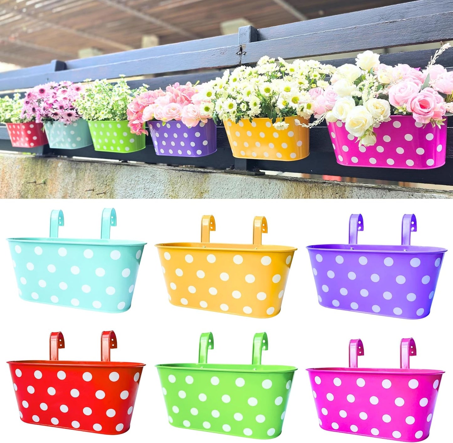 LaLaGreen Rail Planter for Deck Railing (11.2 Inch, 6 Pack) Colorful Metal Iron Hanging Flower Pots, Polka Dot and Strawberry Fence Garden Cute Balcony Box Plant Holder with Hooks Bucket Hang Porch