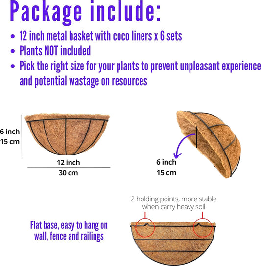 LaLaGreen Wall Hanging Planters for Plants (6 Pack, 12 Inch) Wall Mounted Flower Baskets with Coco Liner, Black Metal Iron Wire Plant Holder for Outdoor Fence Railing Outside Deck Porch Balcony Garden