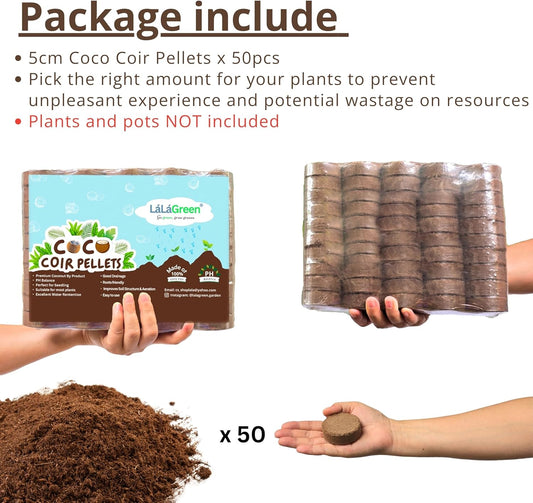 LaLaGreen Indoor Potting Soil (50mm, 50 Pack) Peat Pellets Organic Seed Starter Mix Nutrient Pods Plugs, Compressed Coco Coir for Planting Herbs Plants Flowers and Vegetables Seedlings Outdoor Garden