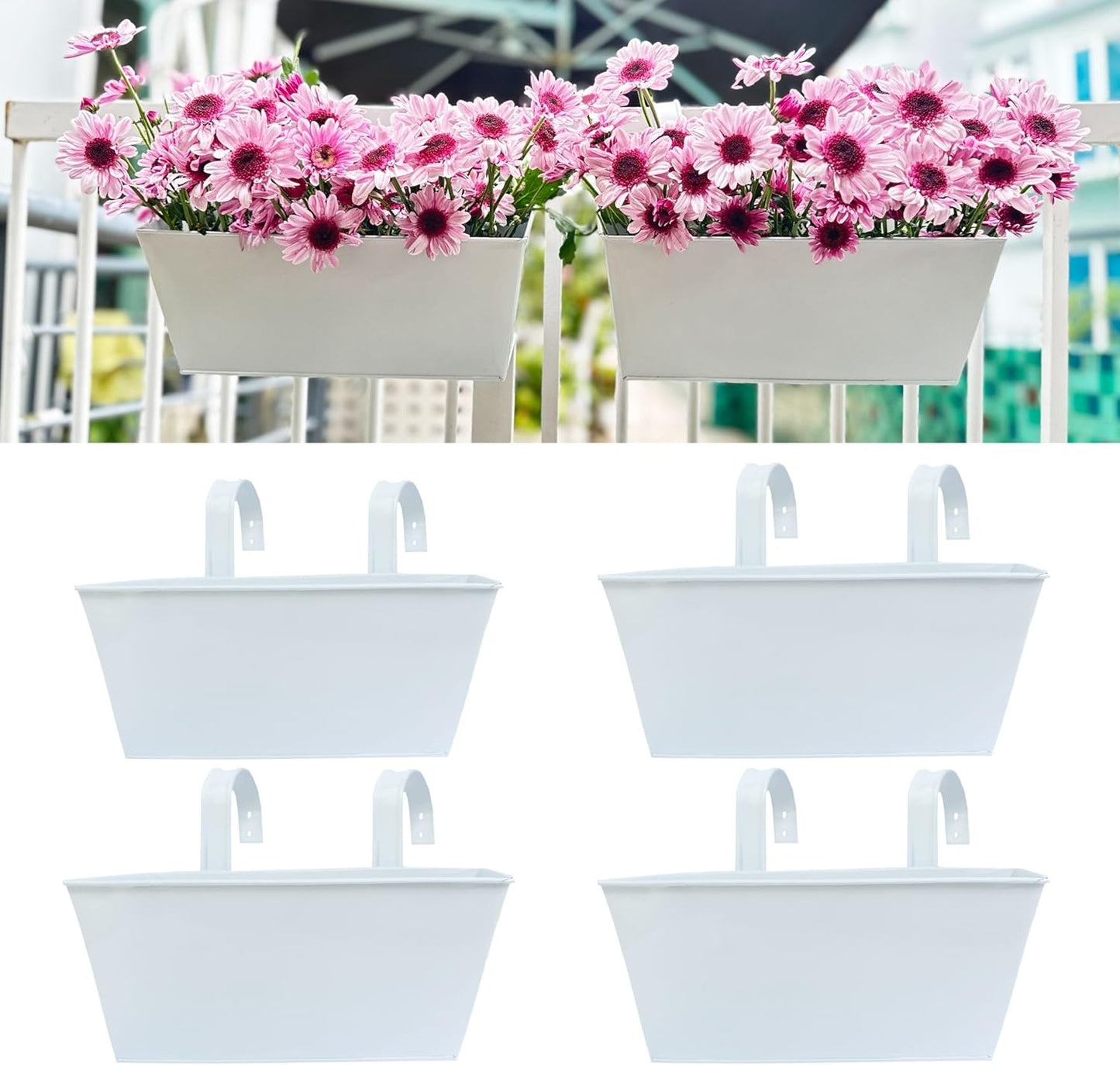 LaLaGreen Rail Hanging Planter (2 Pack, 14 Inch) Large White Metal Rectangle Plant Holder Outdoor Balcony Deck Railing Fence, Strawberry Window Flower Box for Artificial Plants Minimalist Home Decor