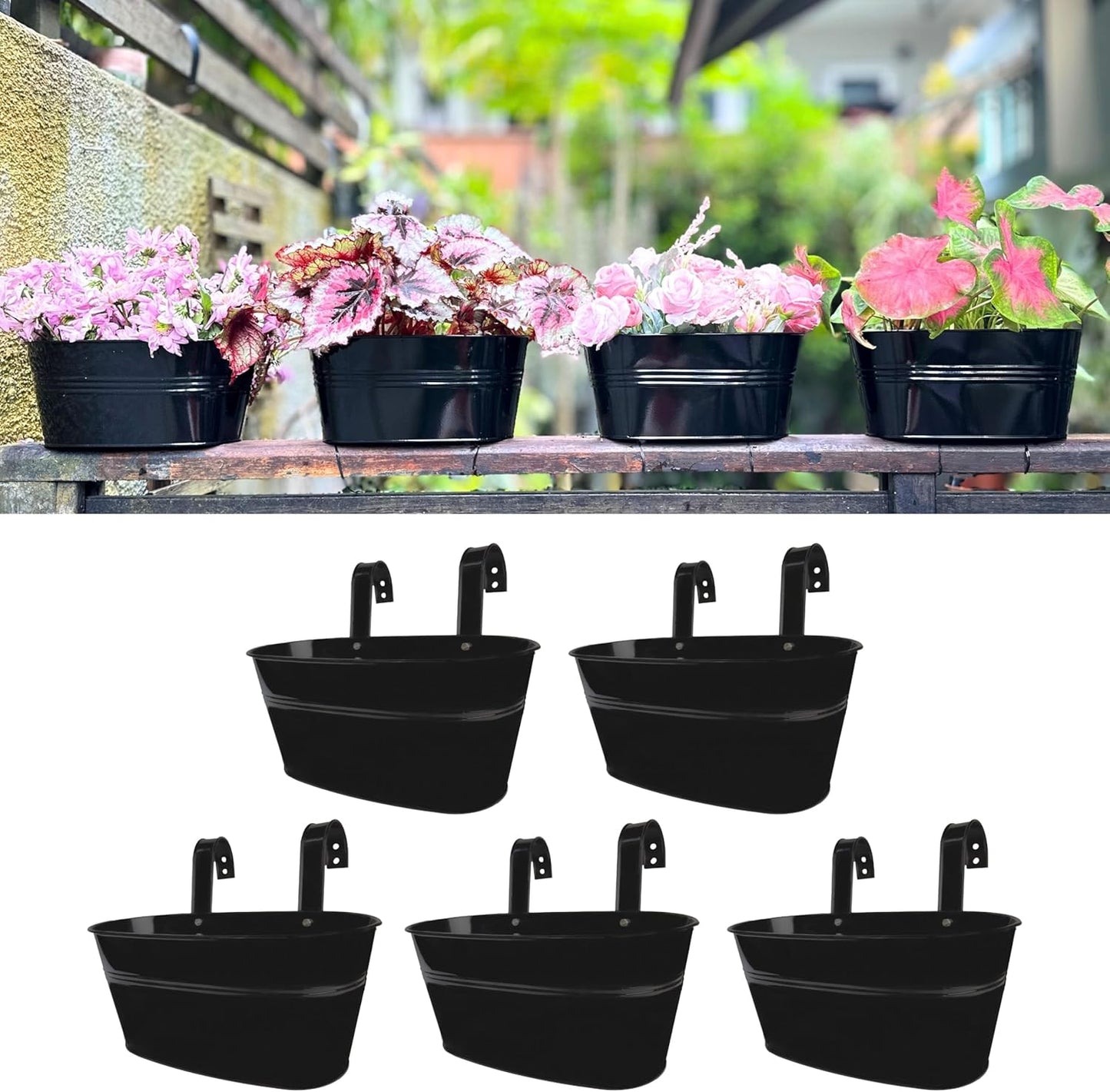 LaLaGreen Railing Planter Outdoor Plants (11.2 Inch, 2 Pack) Black Metal Iron Hanging Flower Pots Deck Rail Fence Hanging Bucket Modern Countryside Style Window Box Plant Holder with Hooks Porch Decor