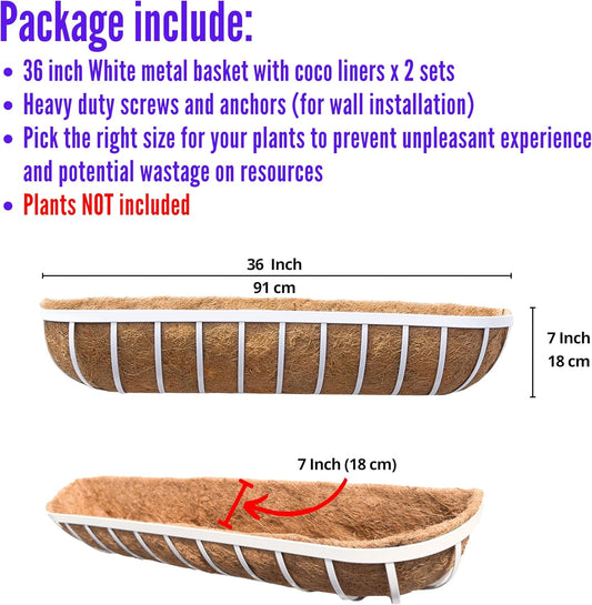 LaLaGreen Outoor Planter Boxes (36 Inch, 2 Pack) White Metal Deck Railings Flower Box with Coco Liners, Rectangular Wall Planters for Window Plants Horse Troughs Fence Balcony Modern Herb Patio Porch