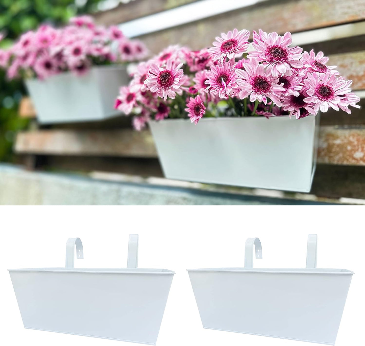 LaLaGreen Rail Planter Box (4 Pack, 16 Inch) Large White Metal Hanging Flower Pots, Rectangle Outdoor Strawberry Plant Holder Window Balcony Deck Railing Fence Minimalist Farmhouse Countryside Style